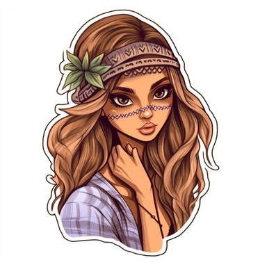 semi-realistic spiritual mysterious shy cute girl sticker, Hawaiian, in boho style, magical aura, fantasy, clipart, white background, high quality, contour