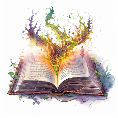 Solid white background, Detailed watercolor open ancient magic book with carnivorous vines swelling from the book's pages clipart. The visable pages of the book have fire etched runes on them visibly.