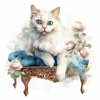 make a clipart of watercolor fairytale white fluffy princess cat with a gold tiara and blue eyes, laying on a blue victorian foot stool, and roses, rococo, shabby chic