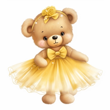 Adorable Ballerina Teddy Bear clip art, yellow dress, white background