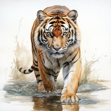 hyperrealistic ultra detailed watercolor clipart, tiger full body in water, isolated on white background, in the style of digital print, clipart, illustration, sticker, ultra high definition, rich details, 32K, HD