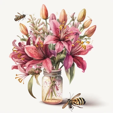 Watercolor realistic detailed pink tiger lily bouquet in a vase with bee clipart, white background, no text
