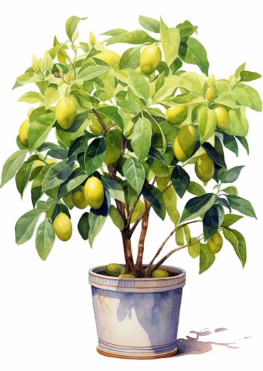 little watercolor intense carambola tree growing in mediterranean pot clipart on white background