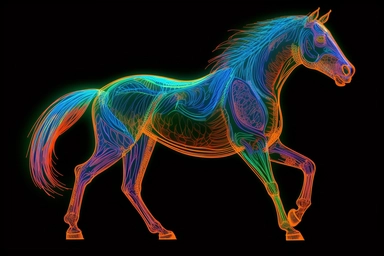 full body horse, neon colors, ultra detailed, clipart design graphic, vector, contour, 32k, black background,
