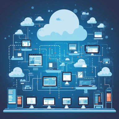 different modern IT devices connected to a cloud depicting cloud computing and visualization in modern clipart 2d illustration style
