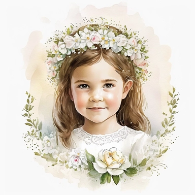 First Communion Clipart watercolor for girl, fully body, for her First Communion, tiara on her head, flowers in her hand, smiling, blushing, White PNG background