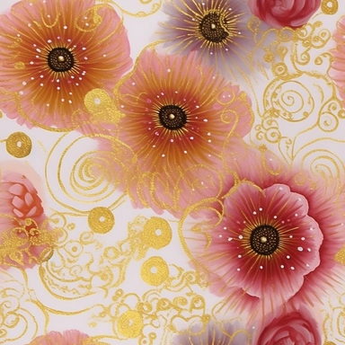 cute doodle flowers and spirals and circles pattern, and lots of white empty space, watercolors and gold glitter watercolor clipart png on white background