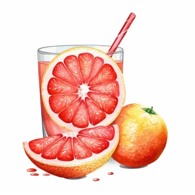 An red grapefruit fruit with a straw inserted, as if ready to be juiced or drunk , Watercolor, pastels, clipart, beautiful, colourfull, png transparent white background, high resolution, no caption q4 s2