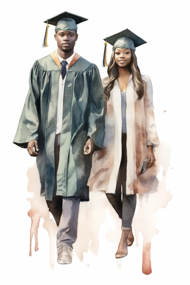 realistic watercolor drawing of dark-skinned woman and man wearing cap and gown on graduation day clipart, front view, in style of Michiel van Huysum, subtle faded color variations, hyper-detailed hd clipart, on white background, spaced out