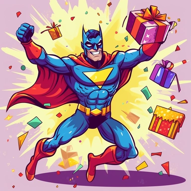 Create a high-quality clipart image of a superhero character celebrating a birthday. Depict the superhero character in a dynamic pose, wearing a party hat and holding a gift box. Include colorful confetti and a Happy Birthday banner.