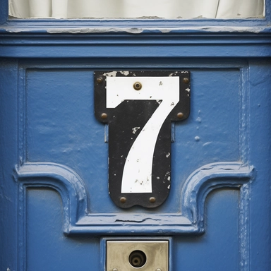 clipart illustration, realistic, photorealism, photo, extreme close-up, house number, 7, seven, enamel street sign, Europe,