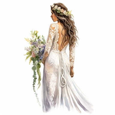 watercolor, hyper realistic, white background, white margins, 16k, ultra detailed clipart, cut out image, hand-drawn back view of a bohemian bride wearing a free-spirited wedding dress with lace inserts, open back, and cascading ribbons or floral details.