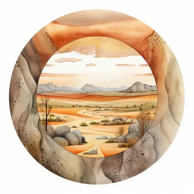 Watercolored pencil style illustration, a circle shaped view through a desert landscape, brown orange beige grey, isolated on a white background, PNG file clipart style, Dennis Wojtkiewicz, Amanda Clark, Lowell Herrero,