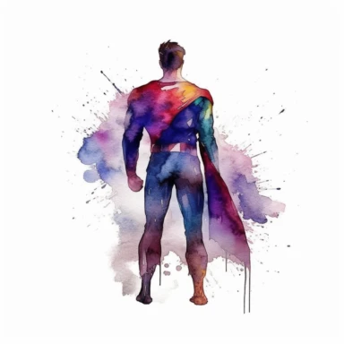 watercolor clipart of super hero man with dark hair seen from behind