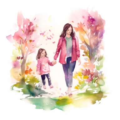 DetailedMother's day clipart featuring a smiling mother and child, holding hands while walking in a garden full of vibrant flowers and blooming trees, capturing the love and warmth between them, Watercolor painting, using soft pastel colors and light brush strokes to create a dreamy effect water color Mother, super cute, solid white background, clipart, motherhood