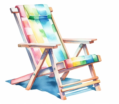 watercolor colorful cartoon pool chair, clipart, in the style of soft and dreamy pastels, kate van suddese, on white background with margins