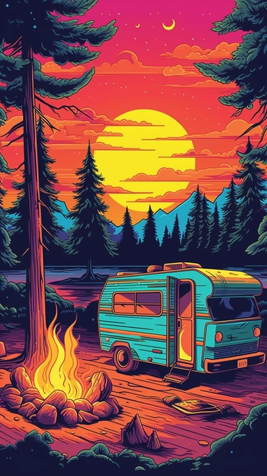 clip art, vector, colourful , camping, outdoors, camp fire , van life