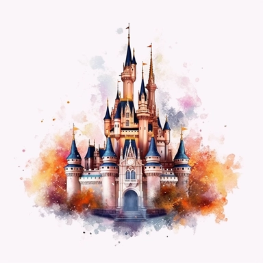 Watercolour animated whimsical beautiful Disney inspired beautiful fairytale castle Disney inspired fairytale castle beautifully detailed perfect details ultra highly detailed, 18k, sharp focus, bright photo with rich colours digitally enhanced, enhanced graphics, straight, sharp focus, bright lighting, intricate detailed png image ,high definition,300dpi,graphic clipart,computer graphics