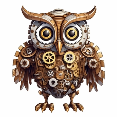 friendly owl with big cute eyes, standing up, in the style of steampunk, clipart, white background, lots of cogs