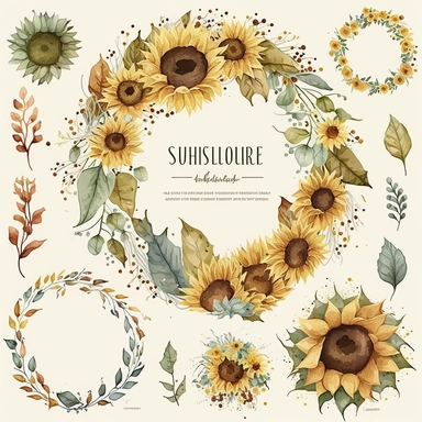 A set of fall sunflower floral wreaths, painted in watercolor style, with overlapping sunflowers and foliage, arranged in circular shapes. The wreaths are suitable for autumnal events like weddings, parties, or home decor. The clipart conveys a sense of celebration, festivity, and gratitude. A digital artwork suitable for various projects like invitations, banners, or greeting cards,