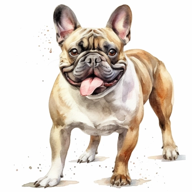 high detailed, Hand drawn watercolor clipart of a happy French Bulldog in italy, on a pure white background for background removal, no shadow, no paint splash