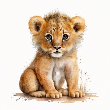 watercolor clipart chibi cartoon style of cute and playful baby lionon white background