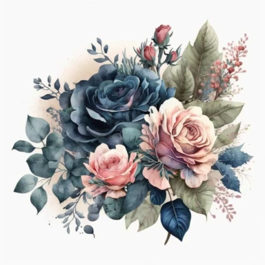 Watercolor bouquet of navy blue and pink roses clipart with some wild leaves and florals isolated cozy object on white background, magical colors, white background, watercolor, hyperrealism, high detail, isolated elements, clipart