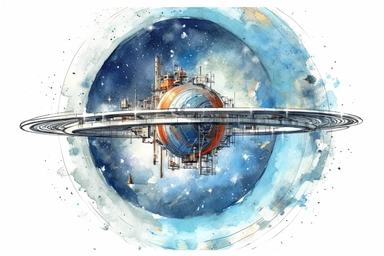 Watercolor, Create an illustration of a satellite in a halo orbit, maintaining a stable position around a Lagrange point in the Earth-Moon system clipart, hd, on a white background, spaced out