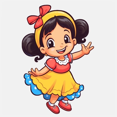 a cute little girl dressed for a brazilian junina party, with a blue and yellow flowing dress, braids in her hair, red shoes, happy, Monica's gang style, Graphics Maurício de Sousa, digital art, big eyes, cartoon, clipart , country girl from festa junina from brazil cute drawing white background