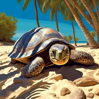 A digital illustration of a turtle clipart with a realistic appearance and a detailed shell, resting on a sandy beach with palm trees and seashells. The illustration has a crisp and clean style, with sharp and precise lines and shapes. The perspective is from the side, creating a sense of scale and proportion. The lighting is bright and sunny, creating strong shadows and highlights on the turtle’s shell and the beach elements. The color palette is warm and tropical, with vivid hues of green, bro