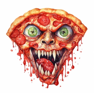 An intricate watercolor of the face of a pepperoni pizza demon. watercolor, white background, clipart, ultra high detail, ultrarealistic