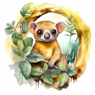 Watercolor kinkajou in rainforest clipart, for childish cards, illustration style, on white background, detailed, hd