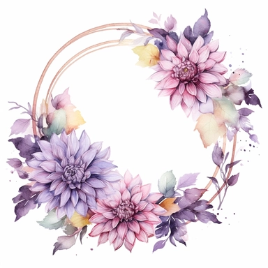 a circle floral frames made with Soft Purple and Pastel Purple Dahlia flowers, wet on dry watercolour style, antique look, clipart, white background