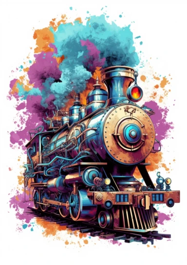 Locomotive Steampunk, big beautiful locomotive, bursting with steam, Steampunk Clipart, Retro Futuristic, Victorian Era Art Print, colorful, details, high quality 8K, white background