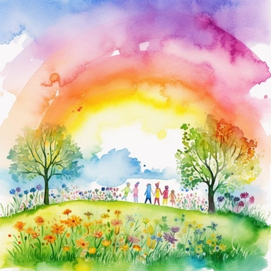 Create a charming watercolor clipart of a person or a group of people strolling through a vibrant spring landscape. Paint the figures with light and airy colors, and depict them surrounded by blooming flowers, blossoming trees, and lush green grass. Add a beautiful rainbow stretching across the sky, arching over the scene. Capture the joy and sense of rejuvenation that comes with exploring nature during the spring season.
