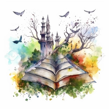 Watercolor Fantasy open Books Clipart with fantasy castlle, birds, trees, forest, clouds, rambo and very detalied, gotic vibe, the perspective is from a road from forest mistic look, magic colorful admosfere, hight quality white background