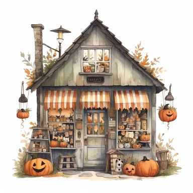 - @kellidp (relaxed) Image vector watercolor cute vintage tiny Halloween shop with Halloween style decor clipart on white background, fall, tiny Halloween shop, photorealistic, ultrarealistic, no background, on white - @kellidp (relaxed)