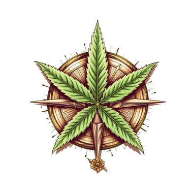 a compass, cannabis leaf icon, tshirt design logo, clip art, white background