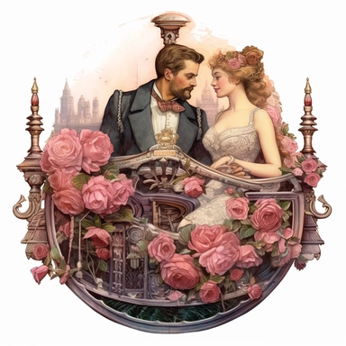 Two steampunk lovers enjoying a romantic gondola ride along a mechanized canal, with steam-powered gears propelling the boat, and clockwork swans swimming alongside amidst a sea of blooming crimson and blush pink roses. Ultra high quality, intricate detail, retro-futurism, watercolor clipart, white background, hyper realistic