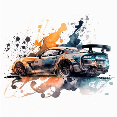 watercolor fast and furious sport car clipart, white background
