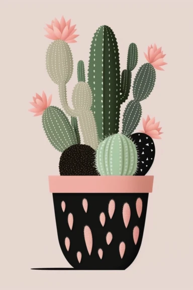 <https://s.mj.run/VafKh_OyowI> Mary Blair style, minimalistic nordic style single clipart, one single black Mexican cactus plant in pot, minimalistic pastel pink color palette,
