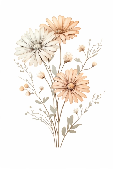 minimal line art daisies illustration in watercolor style clipart, isolated, soft colors, feminine, on white background
