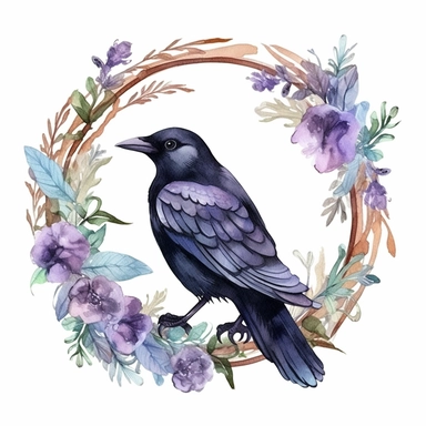 a cute fluffy fat flying raven on a branch, wreath, in a circle, clipart, white background, watercolor, Art Nouveau, highly detailed