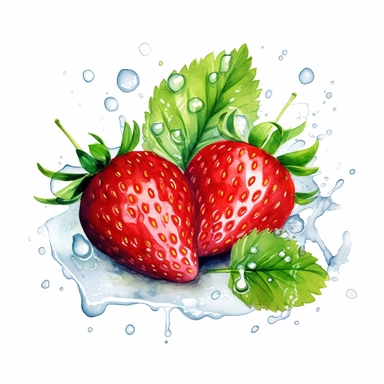 clipart, water color, straberry cut in half with green leaves all around, water dropplets, white background