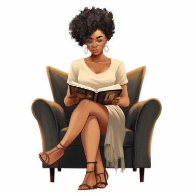 Melanin girl PNG | Black Girl Clipart, Black Woman Illustration, African American Fashion Digital Print, Self Love Clipart, pixie cut hairstyle, sitting in chair reading a book