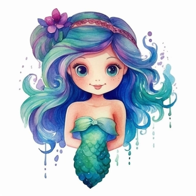mermaid, bright colors, watercolor, cute design, clipart