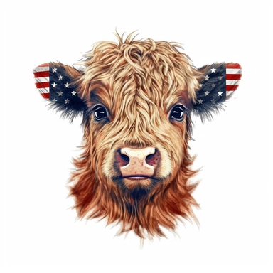 painterly cutie baby Highland Cow sublimation clipart, 4th of July theme, intricate detail, illustration style, 4k, high solution, on the white background