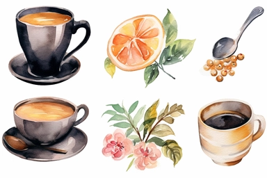 minimalistic clipart set five watercolor clipart, coffee cup,