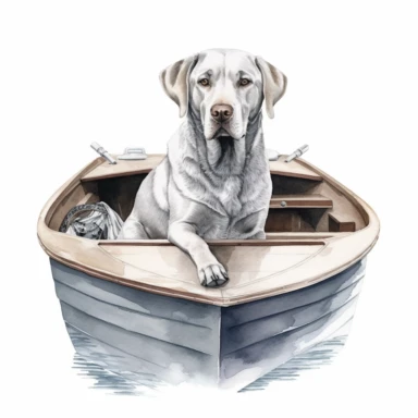 Hand drawn silver Labrador, on a boat, very detailed and realistic, watercolor, white background with margins, clipart style
