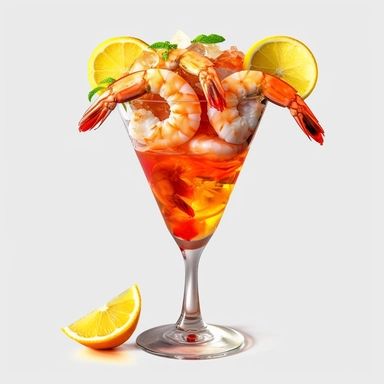 classic shrimp cocktail, Display the prawns on a beautiful tall, wide glass over a pool of cocktail sauce, bold colors, retro neon style, photorealistic, high-resolution photography, transparent background PNG clipart – ar 16:9